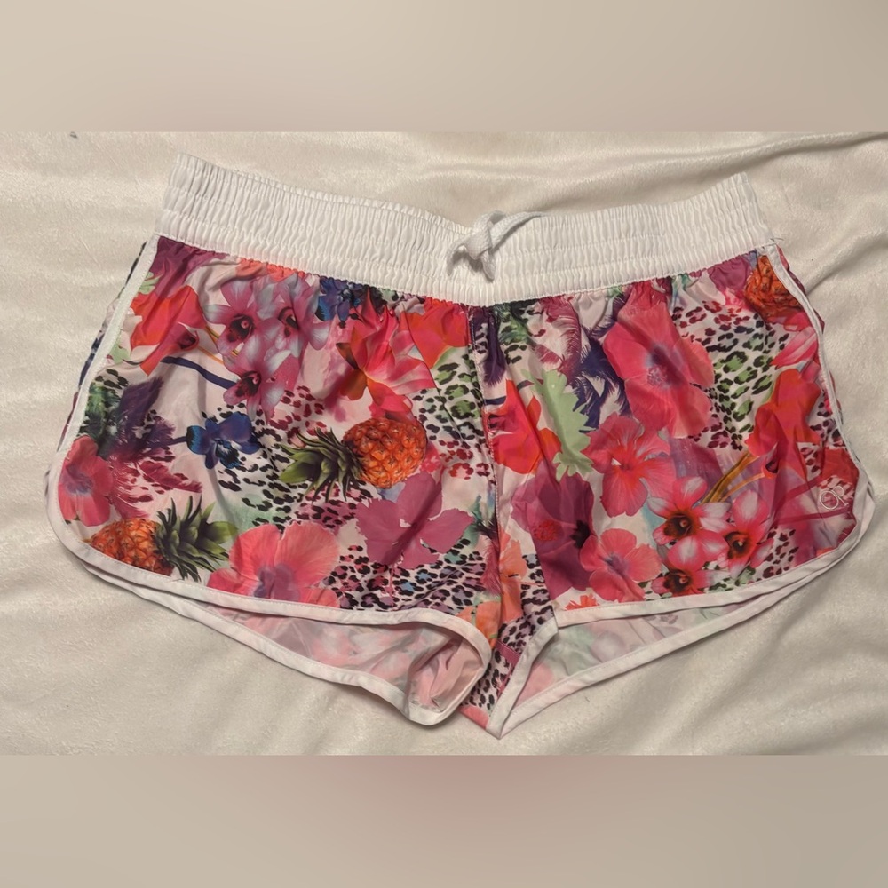 Floral & Pineapple Print Swim Cover-Up Shorts - White Trim